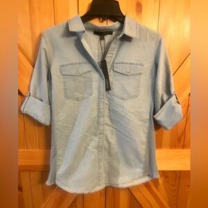 Harve Benard Women’s Sz Medium Blue Button Down Shirt Roll Tab Sleeves Nwt (3811